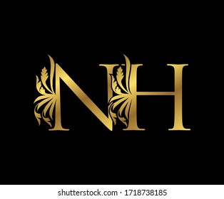 Classy Gold NH Letter Floral logo. Vintage drawn emblem for book design, weeding card, brand name, business card, Restaurant, Boutique, Hotel. 