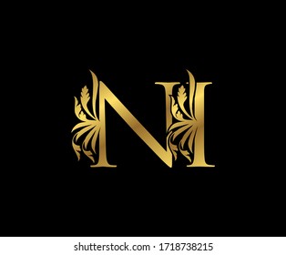 Classy Gold NI Letter Floral logo. Vintage drawn emblem for book design, weeding card, brand name, business card, Restaurant, Boutique, Hotel. 