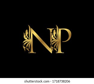 Classy Gold NP Letter Floral logo. Vintage drawn emblem for book design, weeding card, brand name, business card, Restaurant, Boutique, Hotel. 