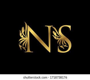 Classy Gold NS Letter Floral logo. Vintage drawn emblem for book design, weeding card, brand name, business card, Restaurant, Boutique, Hotel. 