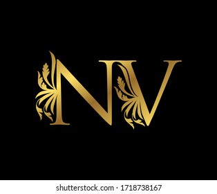 Classy Gold NV Letter Floral logo. Vintage drawn emblem for book design, weeding card, brand name, business card, Restaurant, Boutique, Hotel. 