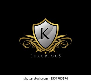 Classy Gold Shield K Letter Logo. Vintage Shield With K Letter prefect for boutique, hotel, restaurant, wedding and other elegant business.,