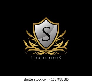 Classy Gold Shield S Letter Logo. Vintage Shield With S Letter prefect for boutique, hotel, restaurant, wedding and other elegant business.,