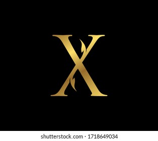 Classy Gold X Letter Floral logo. Vintage drawn emblem for book design, weeding card, brand name, business card, Restaurant, Boutique, Hotel. 
