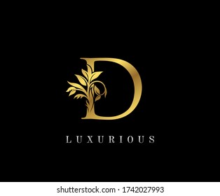 Classy Golden D Letter Floral logo. Vintage drawn emblem for book design, weeding card, label, business card, Restaurant, Boutique, Hotel. 