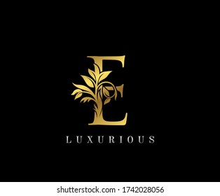 Classy Golden E Letter Floral logo. Vintage drawn emblem for book design, weeding card, label, business card, Restaurant, Boutique, Hotel. 