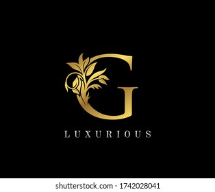 Classy Golden G Letter Floral logo. Vintage drawn emblem for book design, weeding card, label, business card, Restaurant, Boutique, Hotel. 