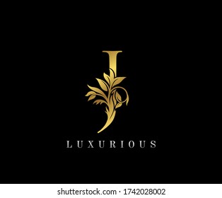 Classy Golden J Letter Floral logo. Vintage drawn emblem for book design, weeding card, label, business card, Restaurant, Boutique, Hotel. 