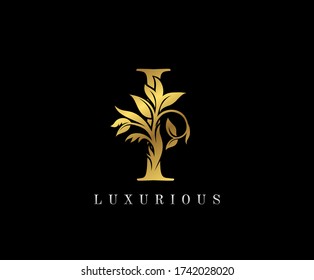 Classy Golden I Letter Floral logo. Vintage drawn emblem for book design, weeding card, label, business card, Restaurant, Boutique, Hotel. 