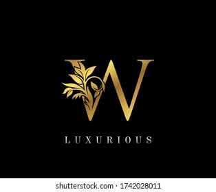 Classy Golden W Letter Floral logo. Vintage drawn emblem for book design, weeding card, label, business card, Restaurant, Boutique, Hotel. 