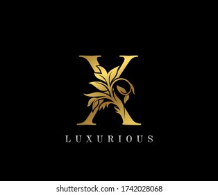 Classy Golden X Letter Floral logo. Vintage drawn emblem for book design, weeding card, label, business card, Restaurant, Boutique, Hotel. 