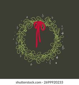 Classy green red hand drawn elegant Christmas line art wreath. Stylish minimalist luxury organic sketch wreath with bow. Modern holiday season wall art print.