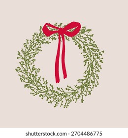 Classy green red hand drawn elegant Christmas line art wreath. Stylish minimalist luxury organic sketch wreath with bow. Modern holiday season wall art print.