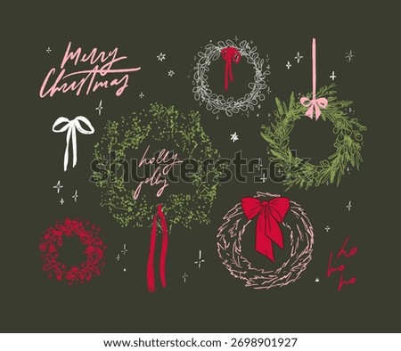 Classy hand drawn elegant Christmas line art wreaths collection. Stylish minimalist luxury organic sketch wreaths with bows. Red green pink modern coquette holiday season illustrations.