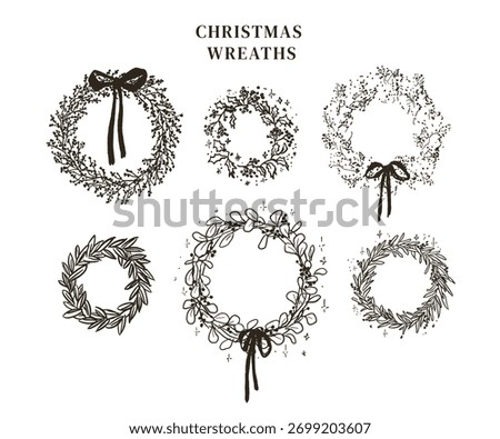 Classy hand drawn elegant Christmas line art wreaths collection. Stylish minimalist luxury organic sketch wreaths with bows. Black white modern holiday season print elements.