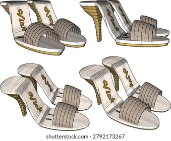 Classy Ladies Open Toe High Heels Mules Vector Illustration with Technical Line Work and Shadows for Professional Footwear Manufacturing Layouts