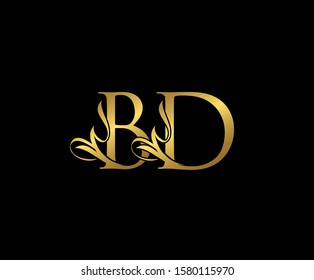 Classy  letter B, D and BD  Vintage Gold Floral Logo Icon. Classy Letter Logo Icon.