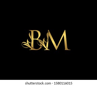 Classy  letter B, M and BM  Vintage Gold Floral Logo Icon. Classy Letter Logo Icon.