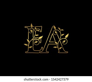 Classy  letter E , A and EA  Vintage Gold Floral Logo Icon, overlapping monogram logo, elegant luxury GOLD color on black background. Classy Letter Logo Icon.