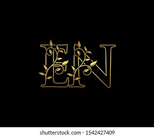 Classy  letter E , N and EN  Vintage Gold Floral Logo Icon, overlapping monogram logo, elegant luxury GOLD color on black background. Classy Letter Logo Icon.