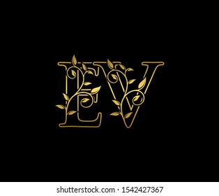 Classy  letter E , V and EV  Vintage Gold Floral Logo Icon, overlapping monogram logo, elegant luxury GOLD color on black background. Classy Letter Logo Icon.