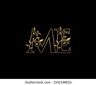 Classy  letter M , E and ME  Vintage decorative ornament emblem badge, overlapping monogram logo, elegant luxury gold color on black background