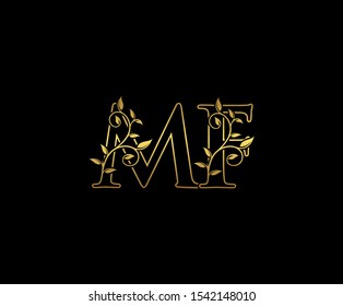 Classy  letter M , F and MF  Vintage decorative ornament emblem badge, overlapping monogram logo, elegant luxury gold color on black background