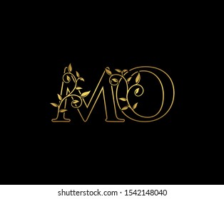 Classy  letter M , O and MO Vintage decorative ornament emblem badge, overlapping monogram logo, elegant luxury gold color on black background