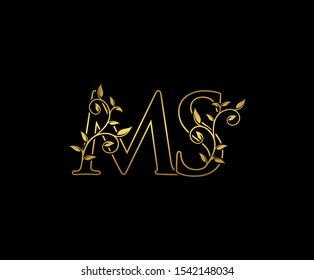 Classy  letter M , S and MS  Vintage decorative ornament emblem badge, overlapping monogram logo, elegant luxury gold color on black background