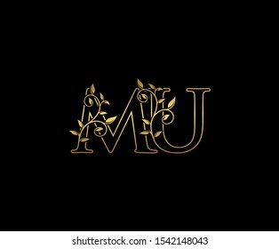 Classy  letter M , U and MU Vintage decorative ornament emblem badge, overlapping monogram logo, elegant luxury gold color on black background