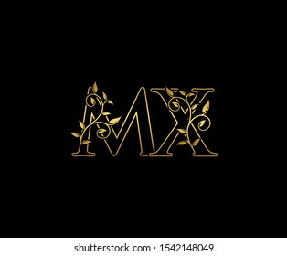 Classy  letter M , X and MX  Vintage decorative ornament emblem badge, overlapping monogram logo, elegant luxury gold color on black background