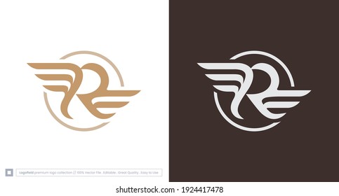 classy letter R logo with wings element, rounded R monogram, flying letter R logo vector template