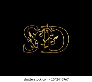 Classy  letter S , D and SD  Vintage Gold Floral Logo Icon, overlapping monogram logo, elegant luxury gold color on black background. CLassy Letter Logo Icon.