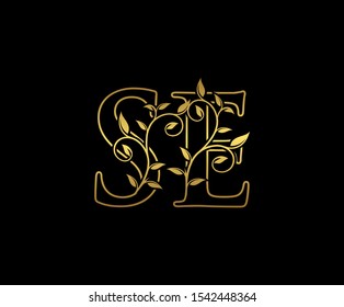 Classy  letter S, E and SE Vintage Gold Floral Logo Icon, overlapping monogram logo, elegant luxury gold color on black background. CLassy Letter Logo Icon.