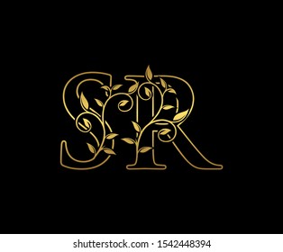 Classy  letter S, R and SR Vintage Gold Floral Logo Icon, overlapping monogram logo, elegant luxury gold color on black background. CLassy Letter Logo Icon.