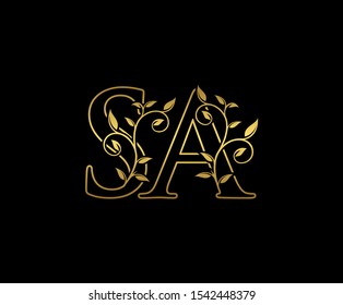 Classy  letter S, A and SA Vintage Gold Floral Logo Icon, overlapping monogram logo, elegant luxury gold color on black background. CLassy Letter Logo Icon.