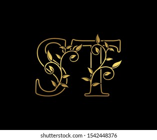 Classy  letter S, T and ST Vintage Gold Floral Logo Icon, overlapping monogram logo, elegant luxury gold color on black background. CLassy Letter Logo Icon.