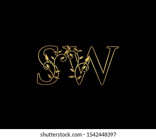 Classy  letter S, W and SW Vintage Gold Floral Logo Icon, overlapping monogram logo, elegant luxury gold color on black background. CLassy Letter Logo Icon.