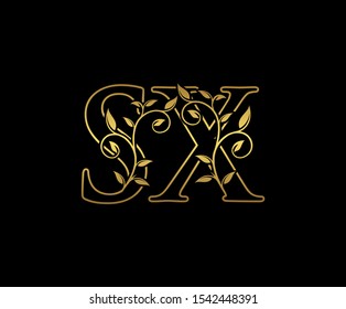 Classy  letter S, X and SX Vintage Gold Floral Logo Icon, overlapping monogram logo, elegant luxury gold color on black background. CLassy Letter Logo Icon.