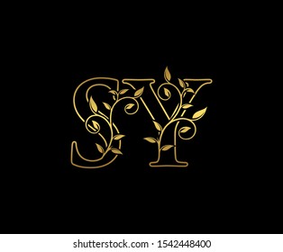 Classy  letter S, Y and SY Vintage Gold Floral Logo Icon, overlapping monogram logo, elegant luxury gold color on black background. CLassy Letter Logo Icon.