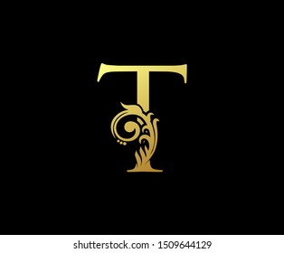 Classy Letter T Logo Icon . Initial Letter T Design Vector Luxury Gold Color.Print monogram initials stamp sign symbol.