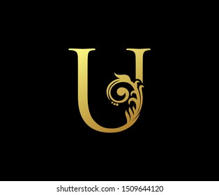 Classy Letter U Logo Icon . Initial Letter U Design Vector Luxury Gold Color.Print monogram initials stamp sign symbol.