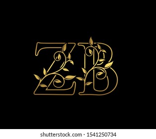Classy letter Z and B, ZB, vintage decorative ornament emblem badge, overlapping monogram logo, elegant luxury  gold color on black background.