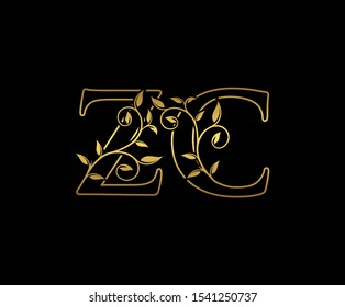 Classy letter Z and C, ZC, vintage decorative ornament emblem badge, overlapping monogram logo, elegant luxury  gold color on black background.