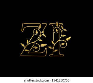 Classy letter Z and I, ZI, vintage decorative ornament emblem badge, overlapping monogram logo, elegant luxury  gold color on black background.