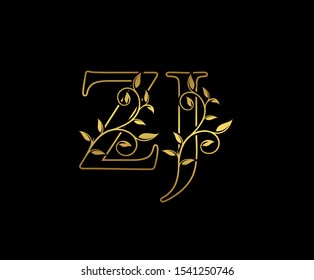 Classy letter Z and J, ZJ, vintage decorative ornament emblem badge, overlapping monogram logo, elegant luxury  gold color on black background.