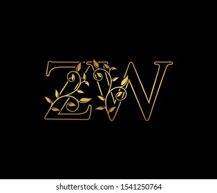 Classy letter Z and W, ZW, vintage decorative ornament emblem badge, overlapping monogram logo, elegant luxury  gold color on black background.