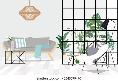 Classy living room interior with scandinavian sofa, armchair and urban jungle