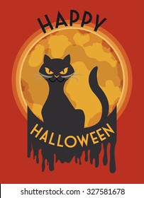 Classy mad stylized cat with full moon in red background