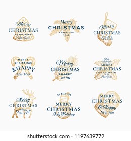 Classy Merry Christmas and Happy New Year Abstract Vector Signs, Labels or Logo Templates Set. Hand Drawn Reindeer, Tree, Snowman, Cookie, Candy Canes and Sock Sketches with Retro Typography. Isolated